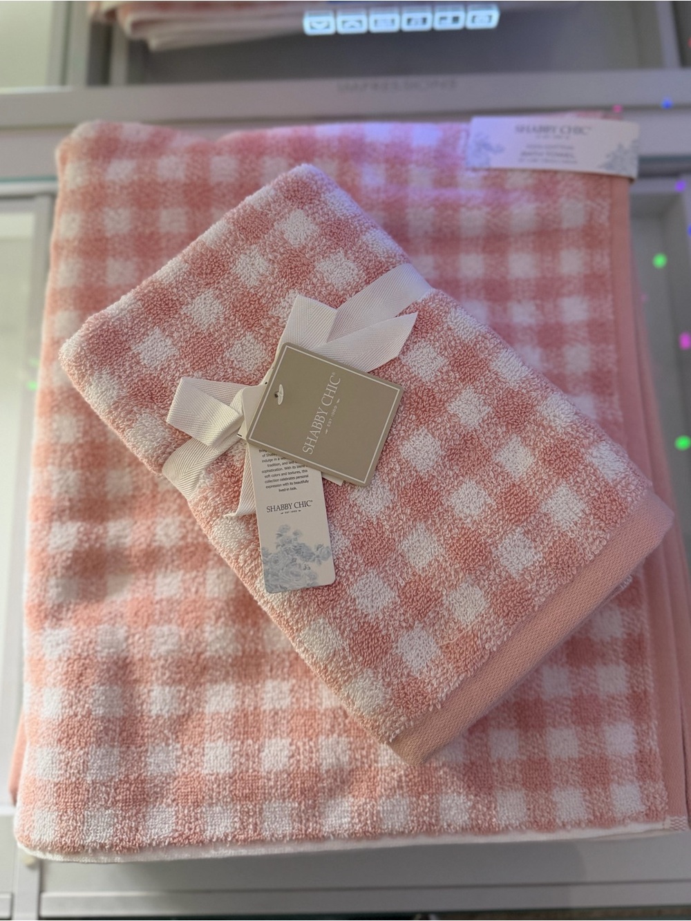Farmhouse shabby chic Rachel Ashwell pink white gingham plaid bath hand towels